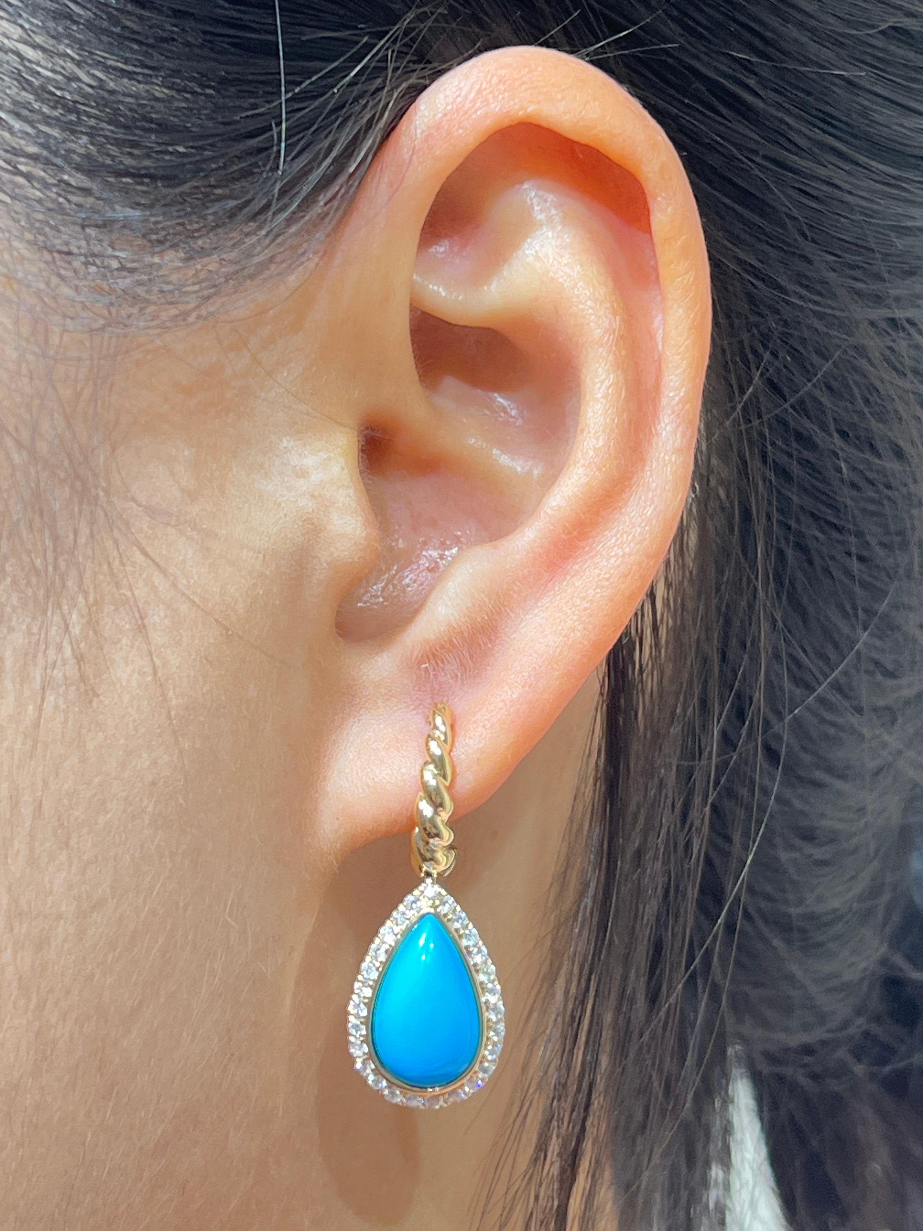 Women's Vintage 5.0Ct Sleeping Beauty Turquoise Diamond Earrings in 14 Karat Solid Gold