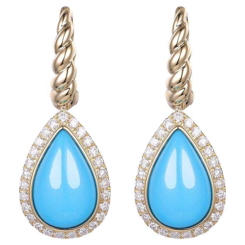 Boucles d'oreilles en forme de larme en or jaune 14 carats, ornées de turquoise et de diamants