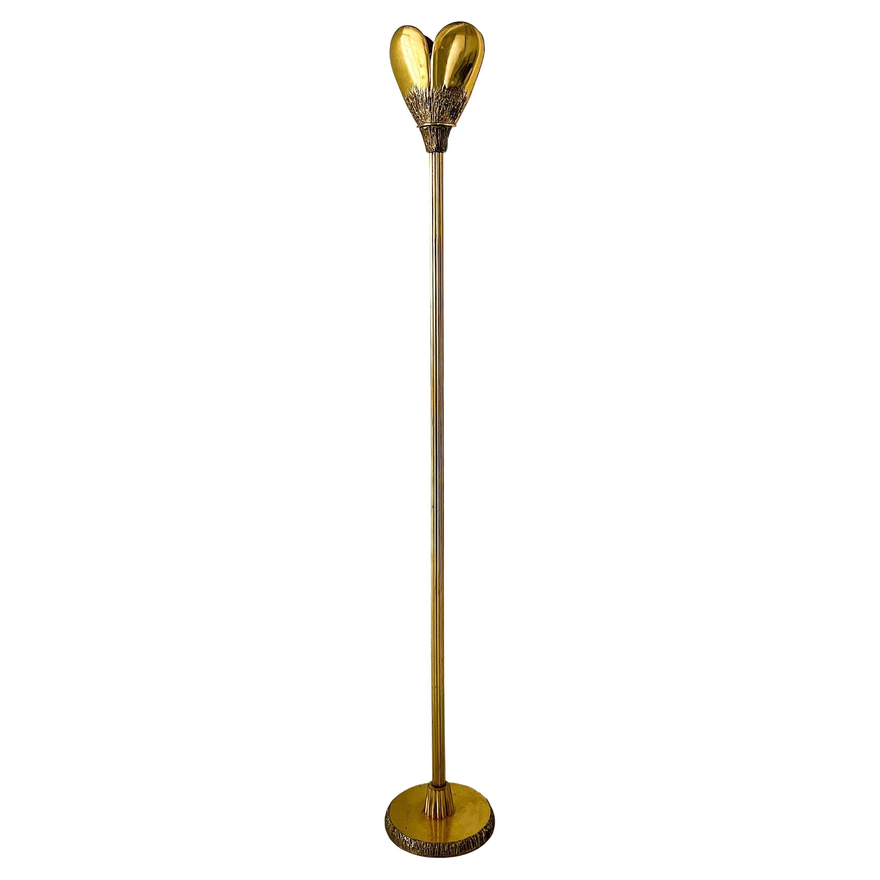 Vintage 50s Italian brass sculptural floor lamp, heart shaped shade, bark finish For Sale