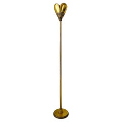 Vintage 50s Italian brass sculptural floor lamp, heart shaped shade, bark finish