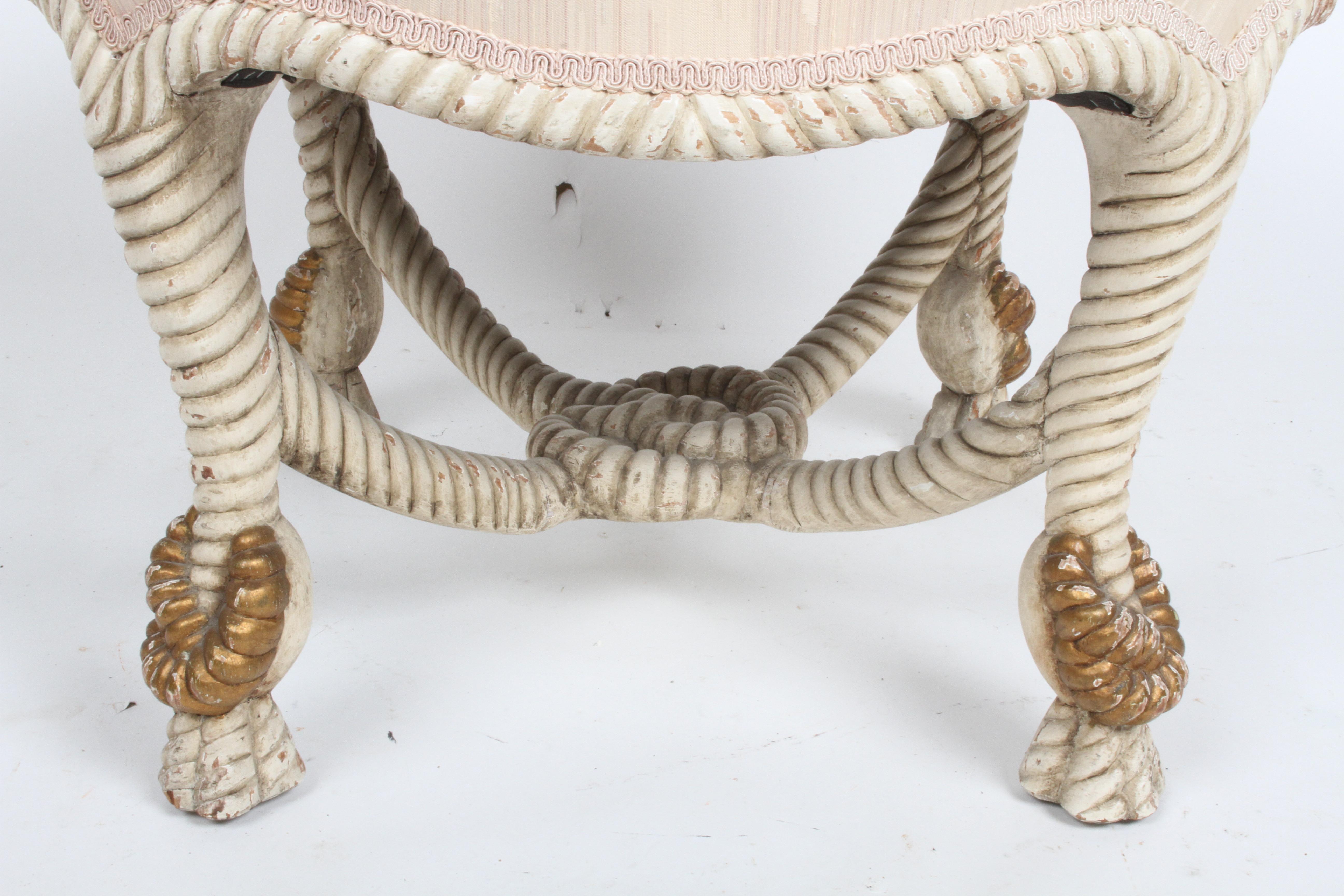 Vintage 40's Italian Cream & Gold Gilt Faux Rope Tassel Ottoman, Stool or Bench For Sale 4