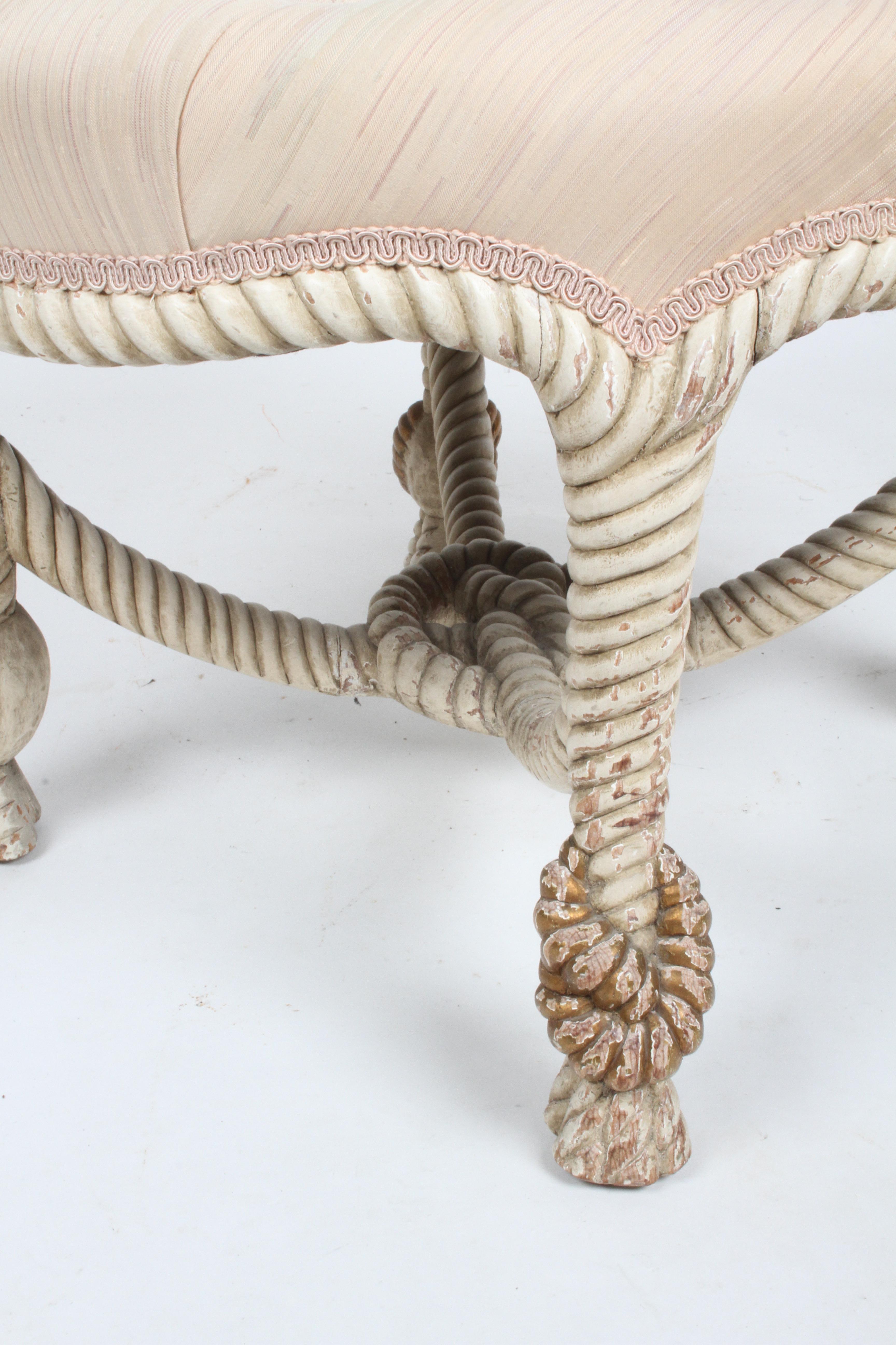 Vintage 40's Italian Cream & Gold Gilt Faux Rope Tassel Ottoman, Stool or Bench For Sale 6