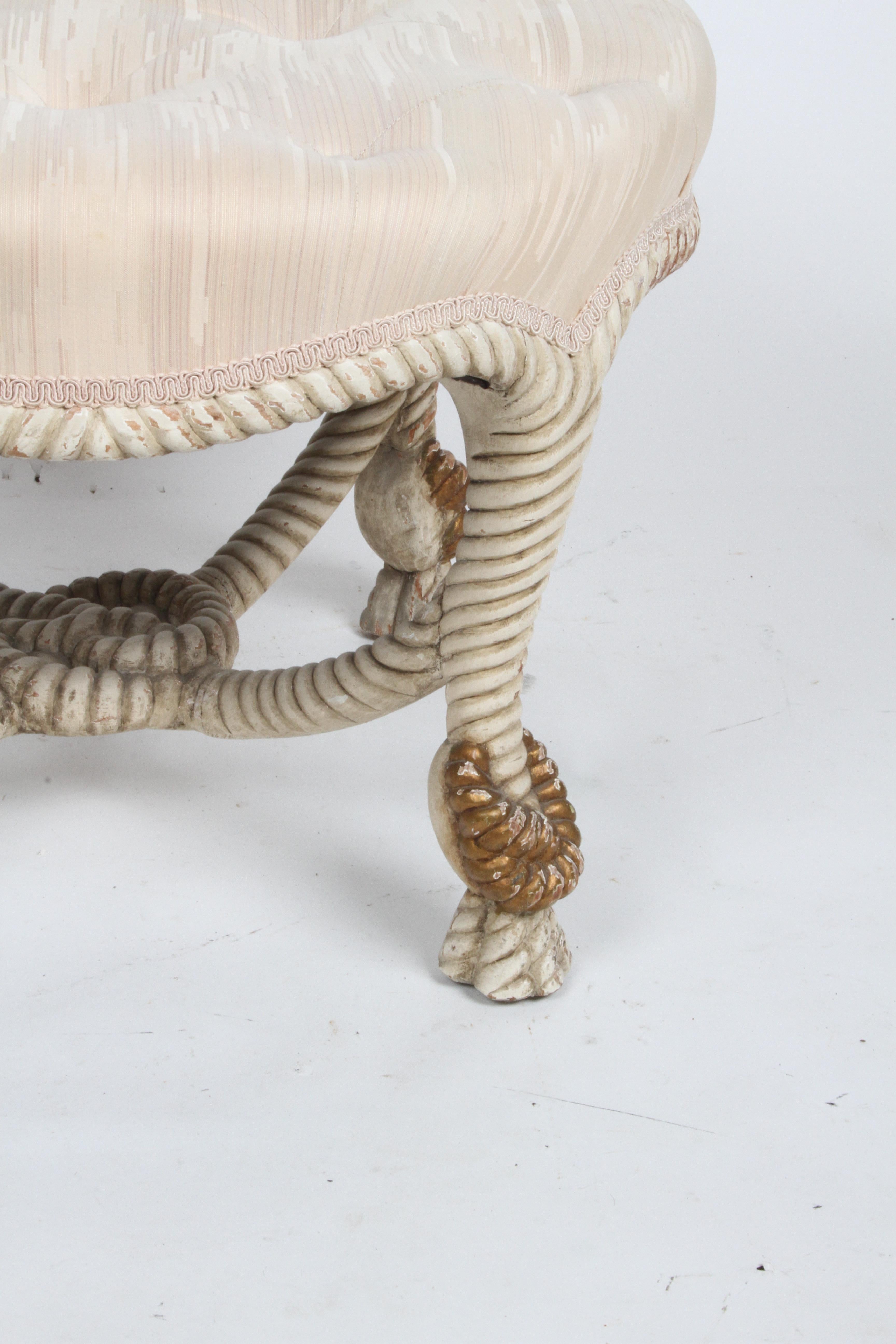 Vintage 40's Italian Cream & Gold Gilt Faux Rope Tassel Ottoman, Stool or Bench In Good Condition For Sale In St. Louis, MO