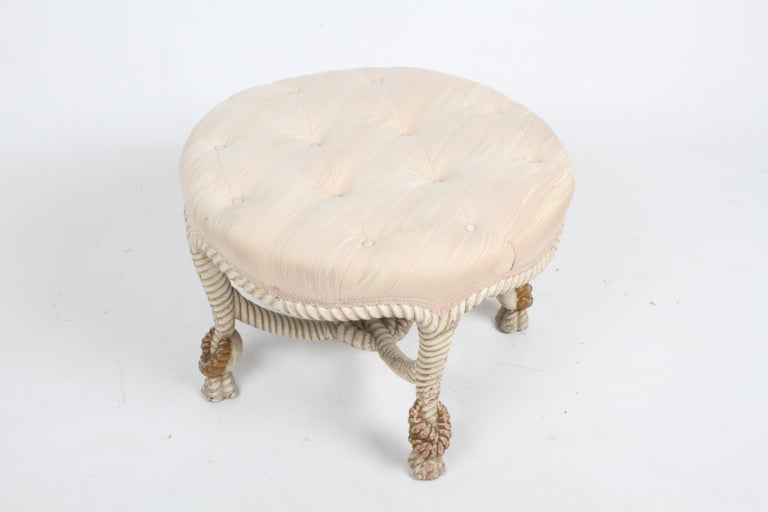 Mid-20th Century Vintage 40's Italian Cream & Gold Gilt Faux Rope Tassel Ottoman, Stool or Bench For Sale
