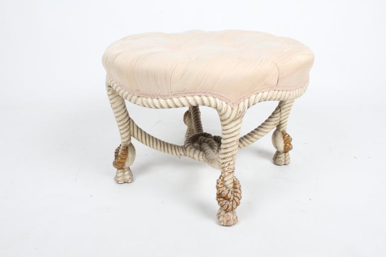 Vintage 40's Italian Cream & Gold Gilt Faux Rope Tassel Ottoman, Stool or Bench For Sale 1