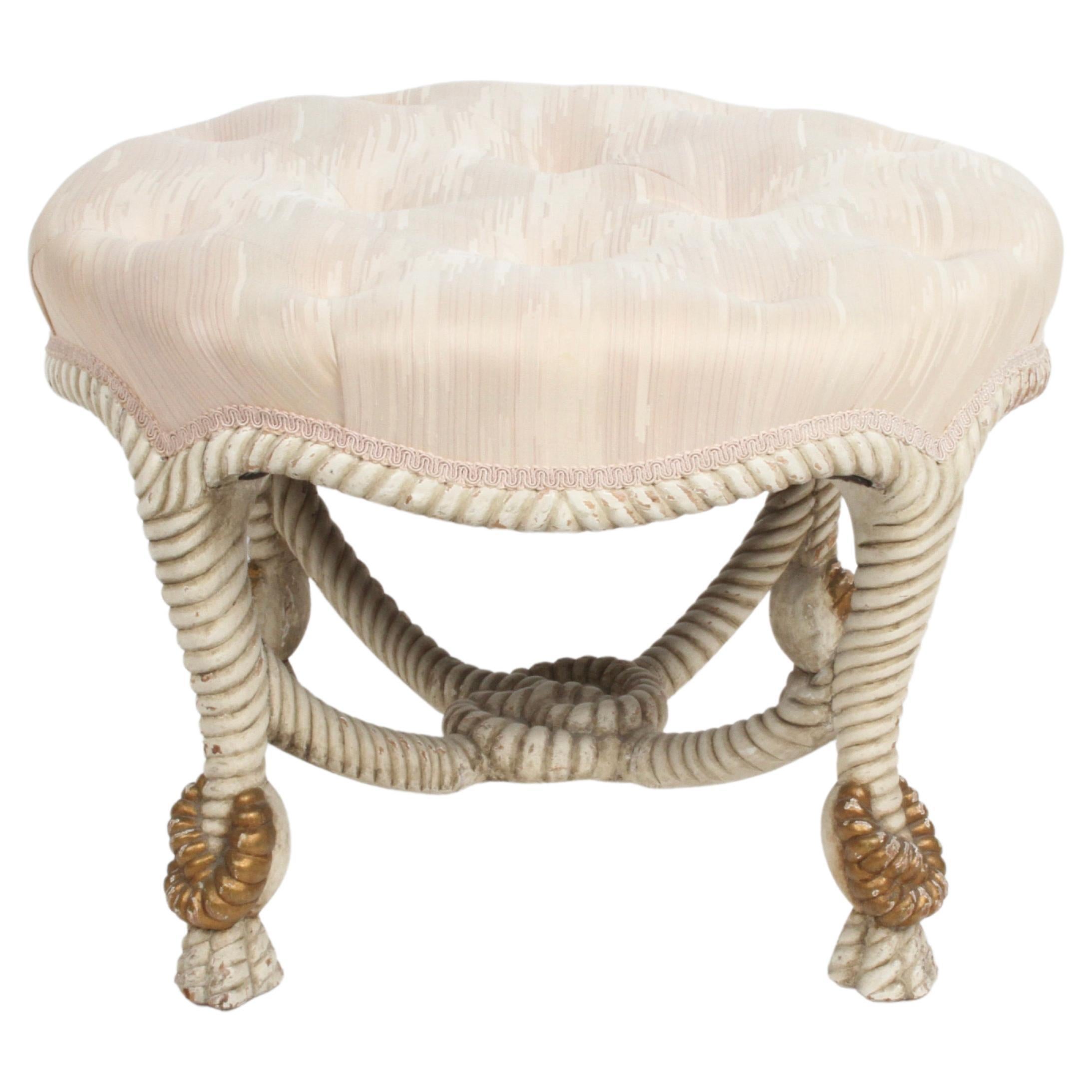 Vintage 40's Italian Cream & Gold Gilt Faux Rope Tassel Ottoman, Stool or Bench For Sale