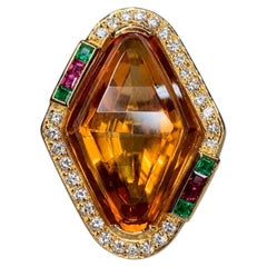 Vintage H. Stern 50’s Modernist 19K Shield Citrine Emerald Ruby Diamond Ring