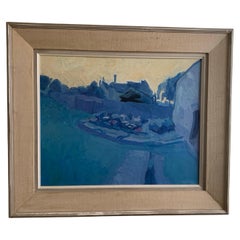 Vintage 50s Original Painting London, England "The Blue Flower Bed"