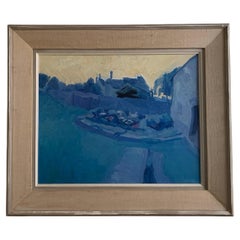 Vintage 50s Original Painting London, England "The Blue Flower Bed"