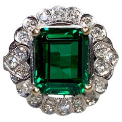 Vintage 50s Platinum Emerald Cut Green Tourmaline Diamond Cocktail Ring 3.40ctw