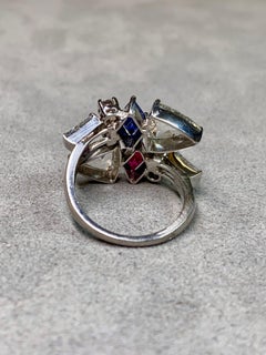 Vintage 50’s Platinum Rose Cut Trilliant Diamond Kite Sapphire Ruby Bypass Ring
