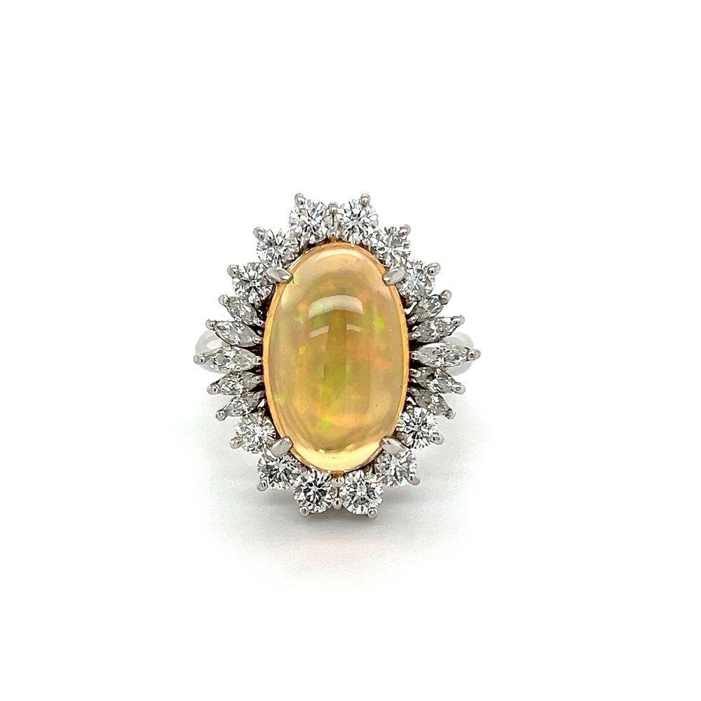 Mixed Cut Vintage 5.1 Carat Oval Jelly Opal and Diamond Statement Platinum Cocktail Ring For Sale