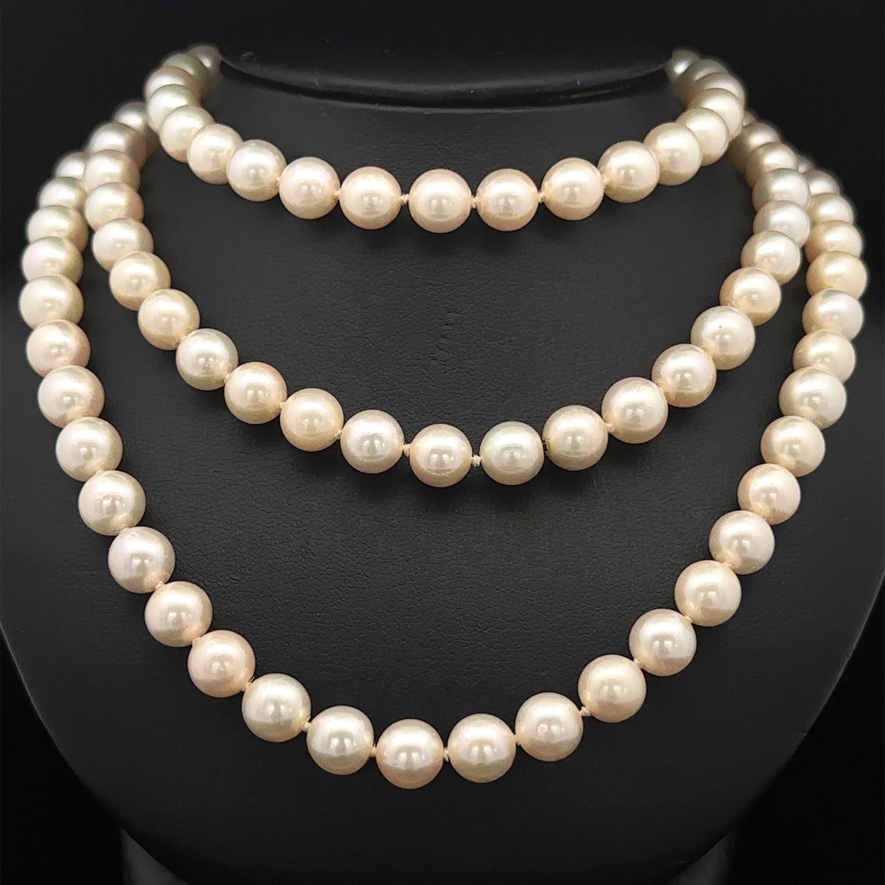 Stone(s):
156 Genuine Cultured Pearls - Round & Semi Round Shape - Nice White Color - Good Luster - 7.5-8mm approx.

Material: String
Weight: 103.07 Grams Gross
Type: Long Strand Cultured Pearl Necklace - Adjustable to be worn as 3 Chokers
Length:
