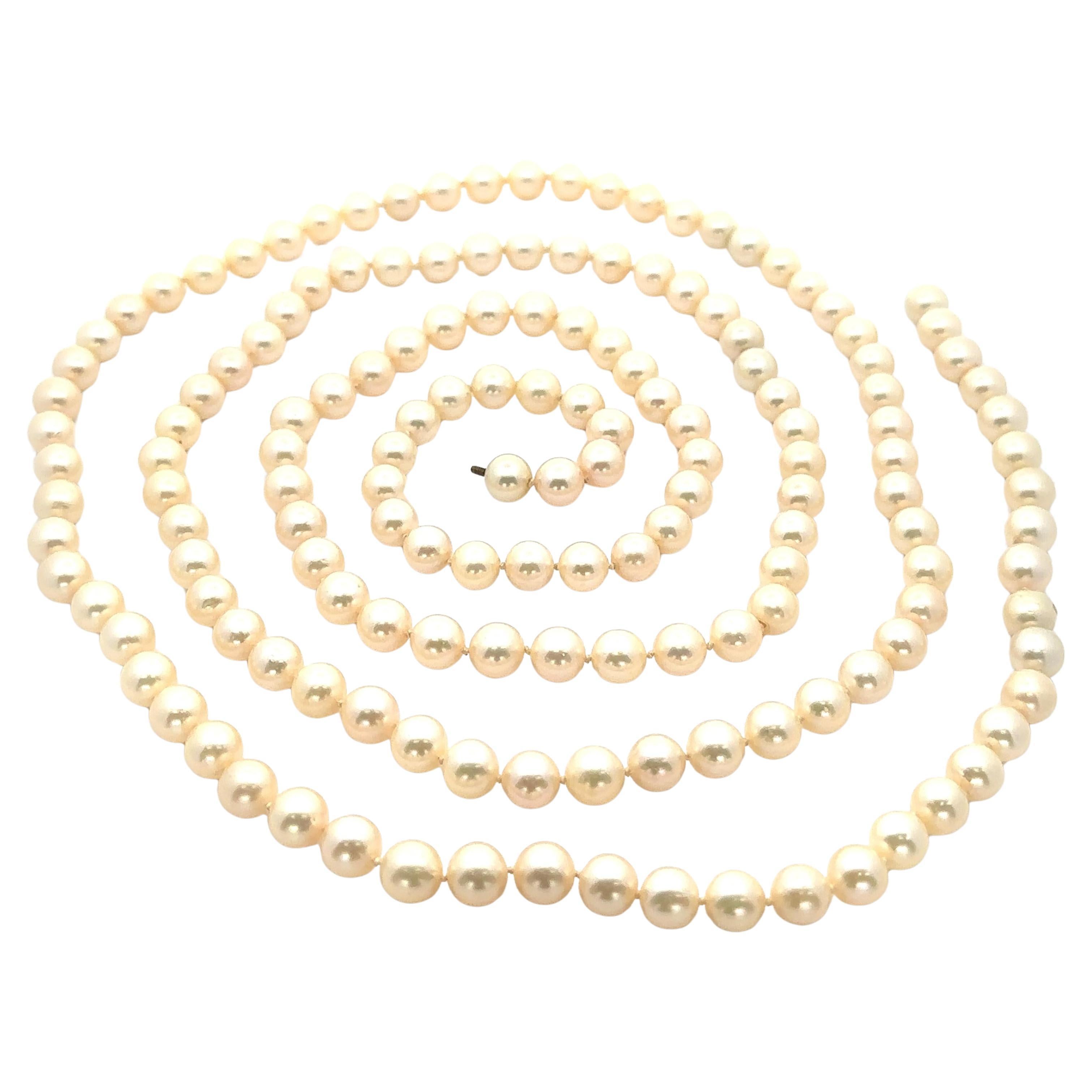 Vintage 51" Long collier de perles 7.5-8mm Adjustable Strand Clasps cachés