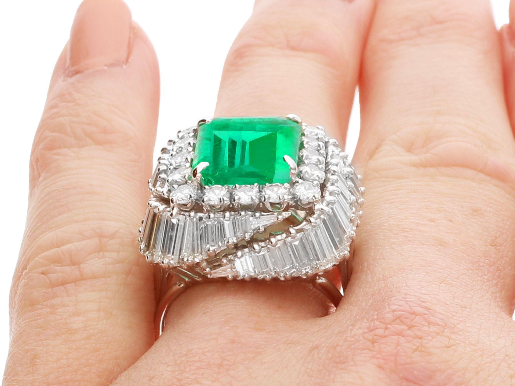 Vintage 5.11Ct Colombian Emerald and 3.32 Carat Diamond Platinum Dress Ring For Sale 6
