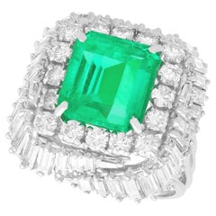 Retro 5.11Ct Colombian Emerald and 3.32 Carat Diamond Platinum Dress Ring