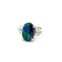 Vintage 5.12 Carat Australian Black Opal and Marquis Diamond Platinum Ring