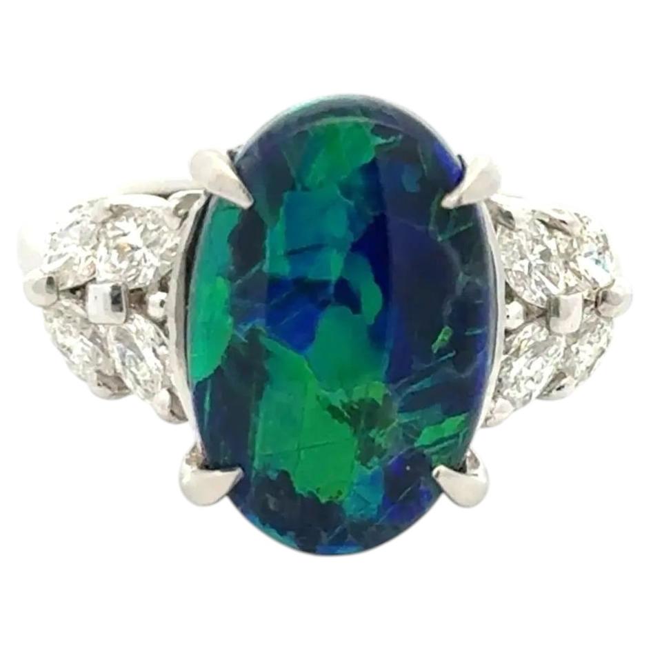 Vintage 5.12 Carat Australian Black Opal and Marquis Diamond Platinum Ring For Sale