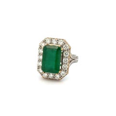 Vintage 5.12 Carat Emerald GIA and Diamond 2-Tone Gold Cocktail Ring