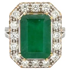 Vintage 5.12 Carat Emerald GIA and Diamond 2-Tone Gold Cocktail Ring