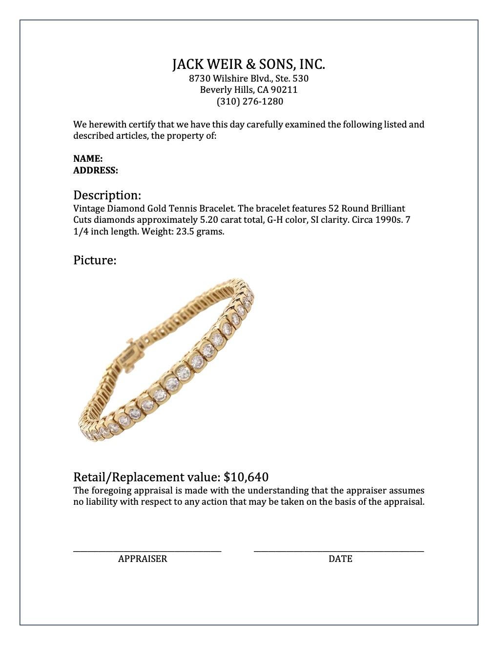 Vintage 5.20 Carat Diamond Gold Tennis Bracelet In Excellent Condition In Beverly Hills, CA
