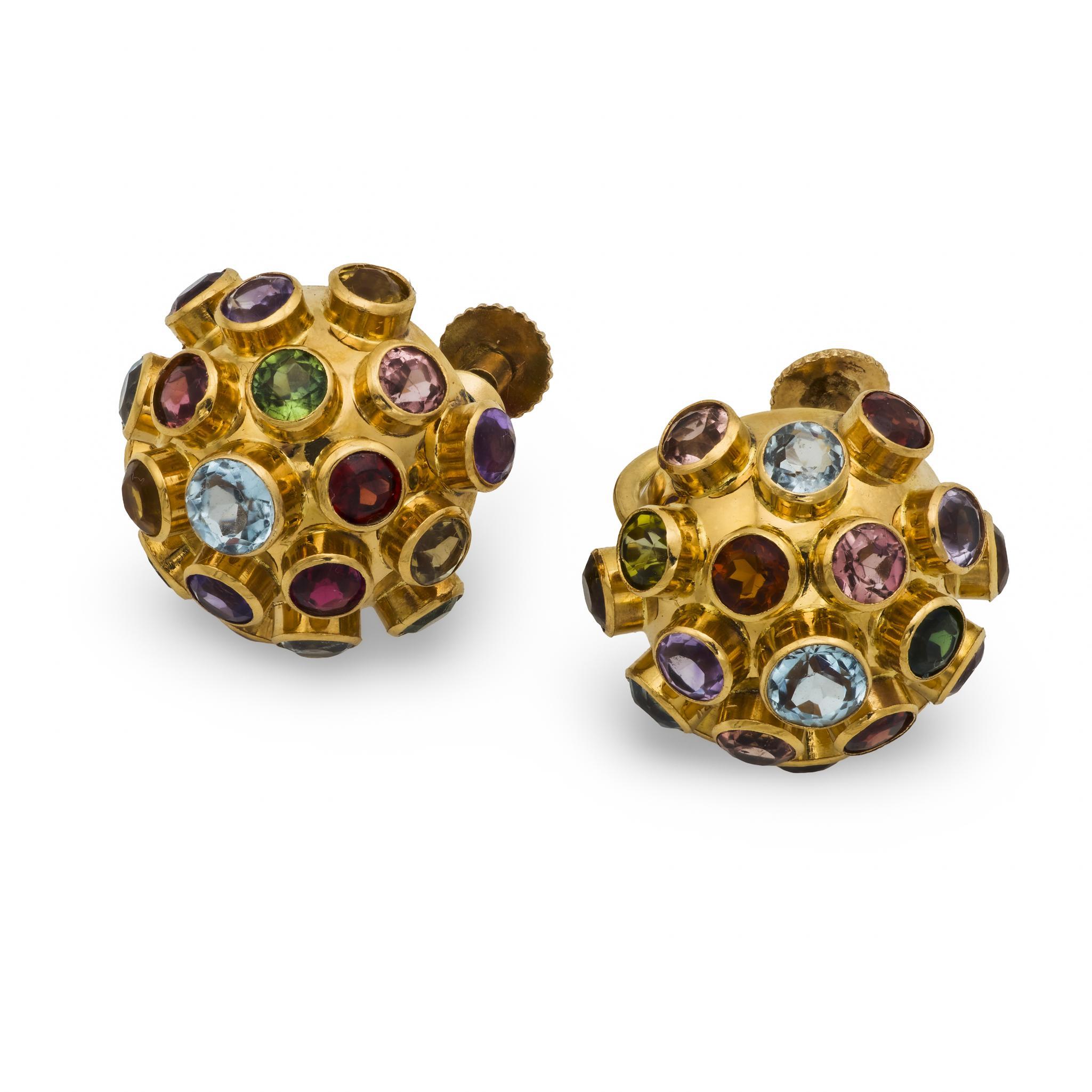 Orecchini Sputnik d'epoca in oro giallo 14k con pietre preziose da 5,20 carati In condizioni buone in vendita a Beverly Hills, CA