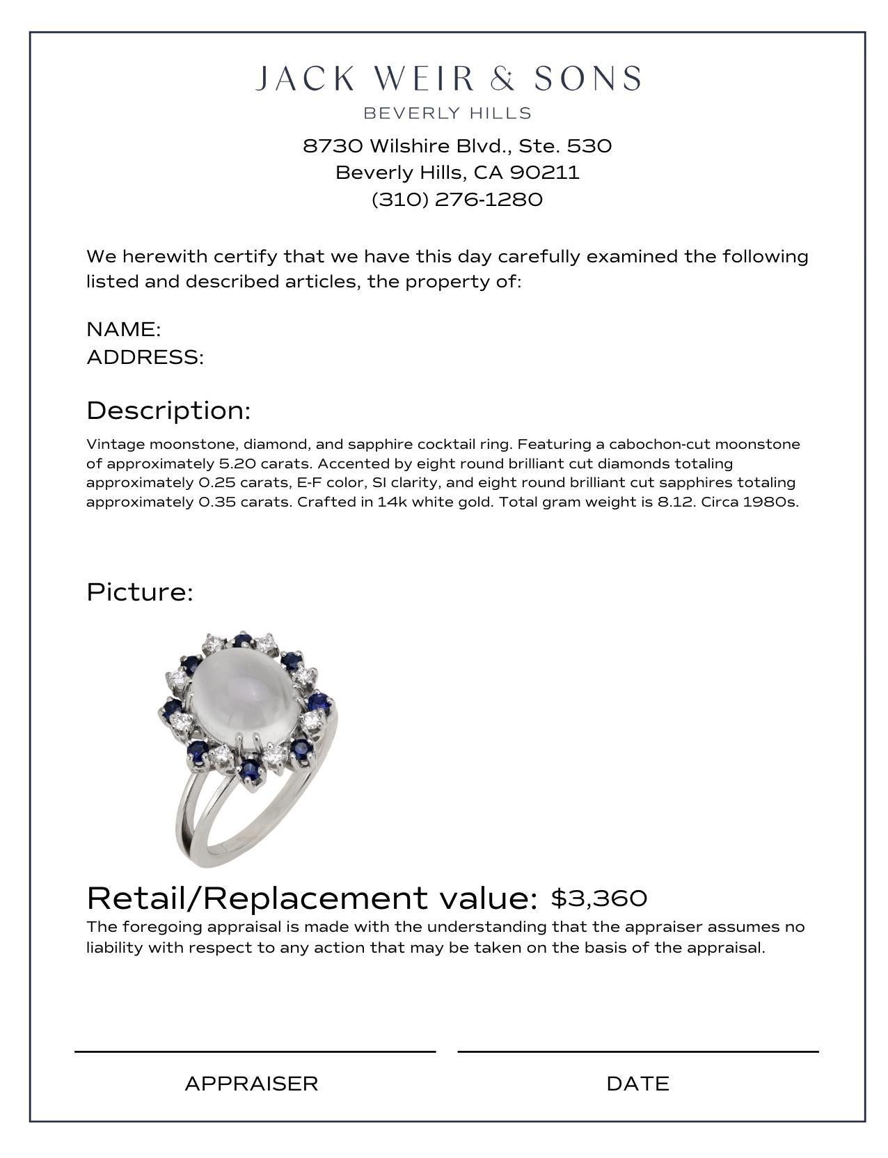 Women's or Men's Vintage 5.20 carat moonstone diamond sapphire 14k white gold cocktail ring For Sale