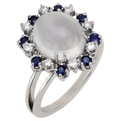 Bague cocktail vintage en or blanc 14 carats, diamants, saphirs et pierre de lune de 5,20 carats