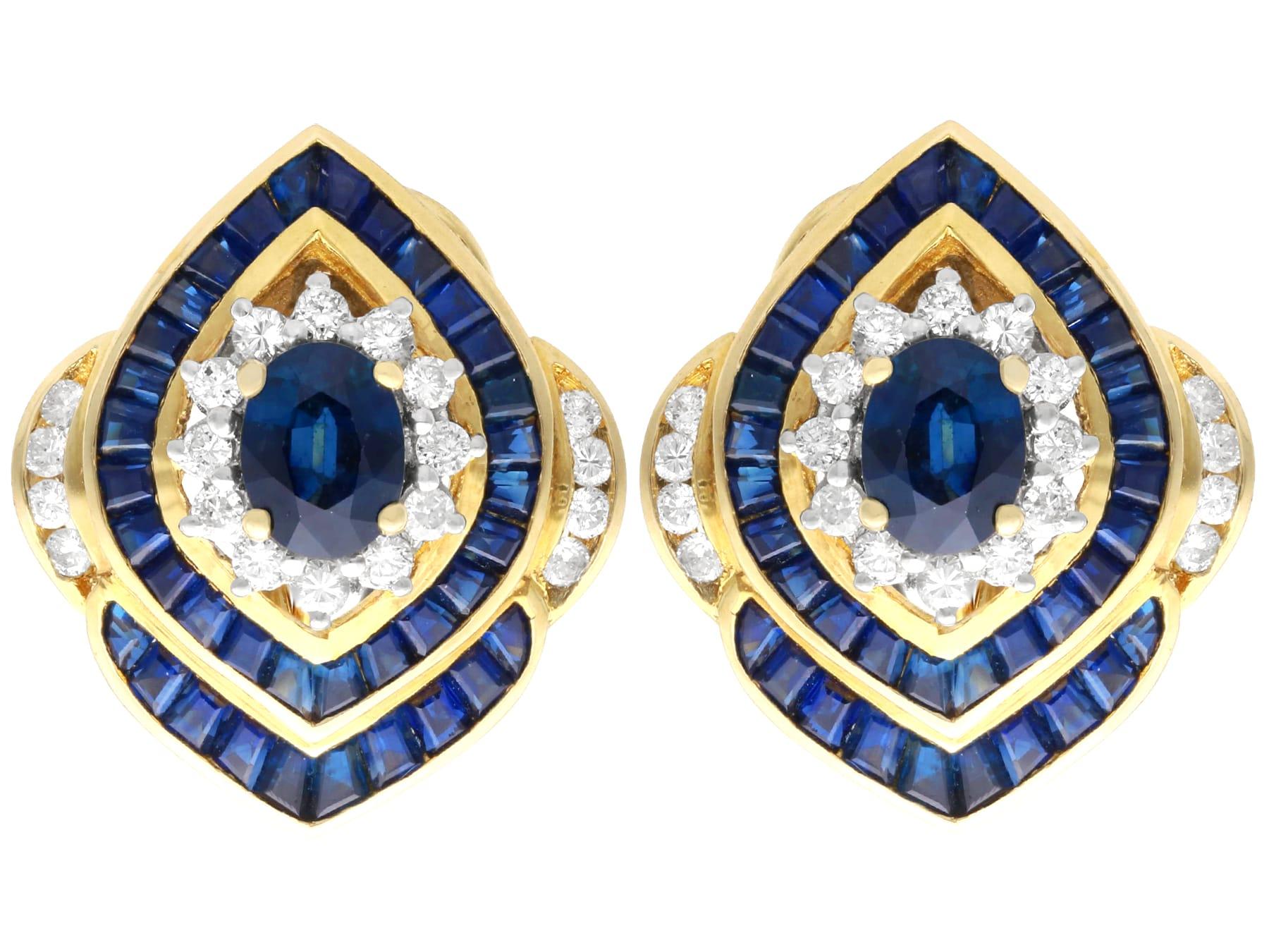 A stunning, fine and impressive pair of vintage 5.20 carat sapphire and 0.90 carat diamond, 18 carat yellow and white gold earrings; part of our diverse gemstone jewellery collections

These fine and impressive vintage sapphire earrings have been