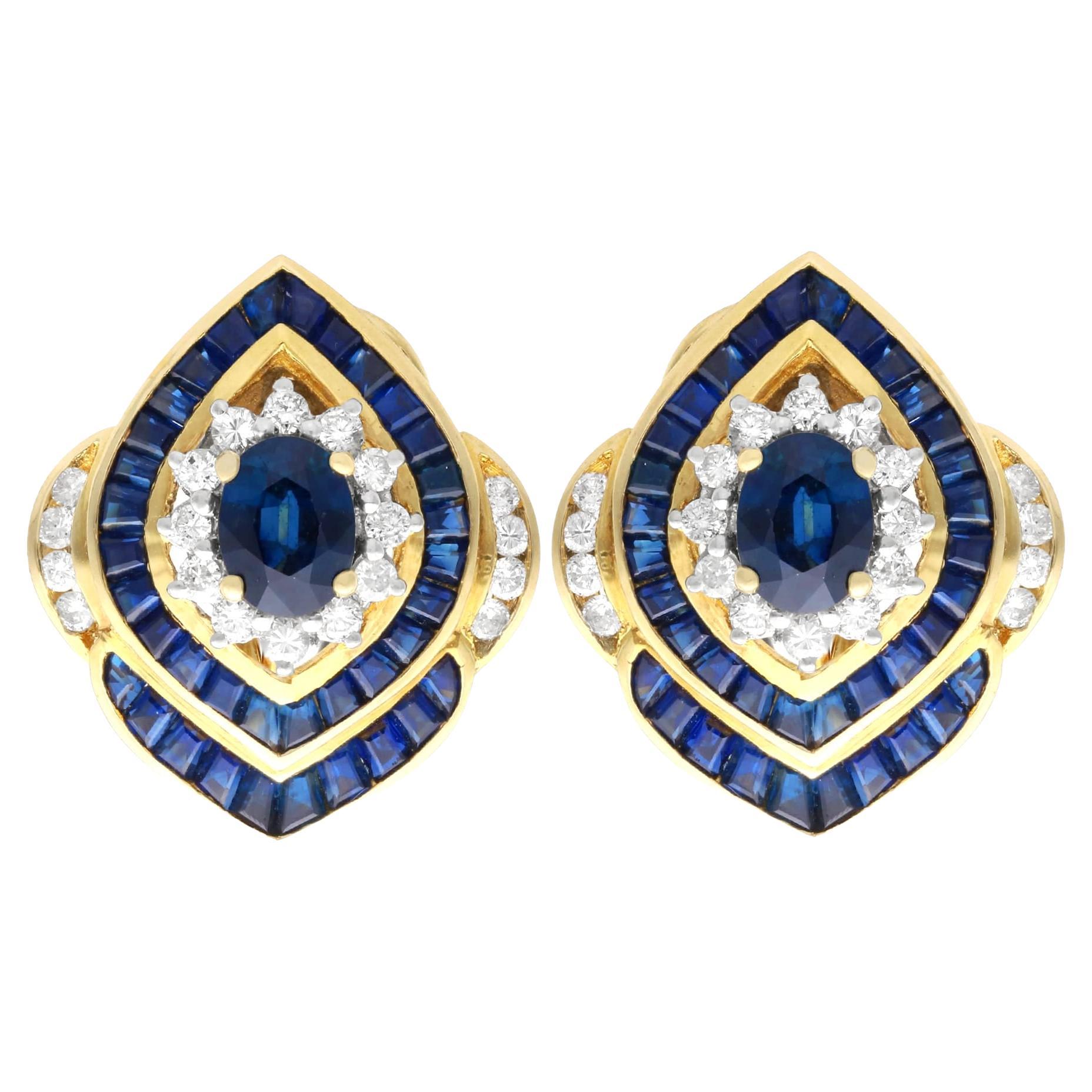 Vintage 5.20ct Sapphire and 0.90ct Diamond 18k Yellow Gold Earrings