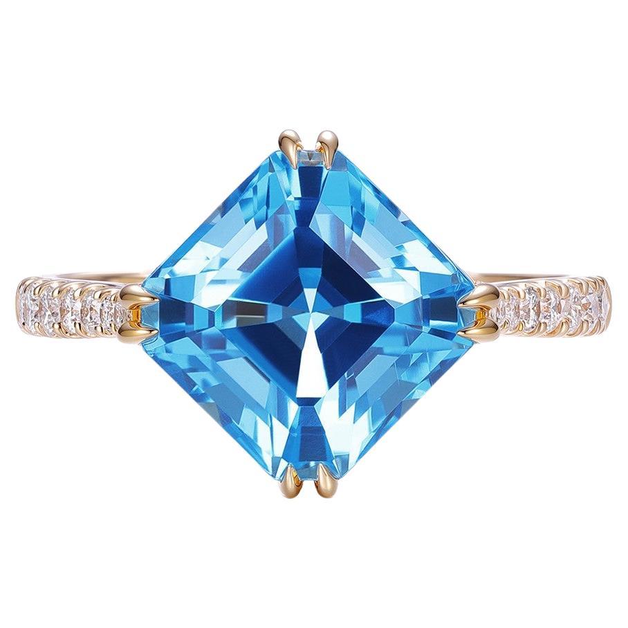 Vintage 5.27Ct Square Blue Topaz Diamond Ring in 14K Gold
