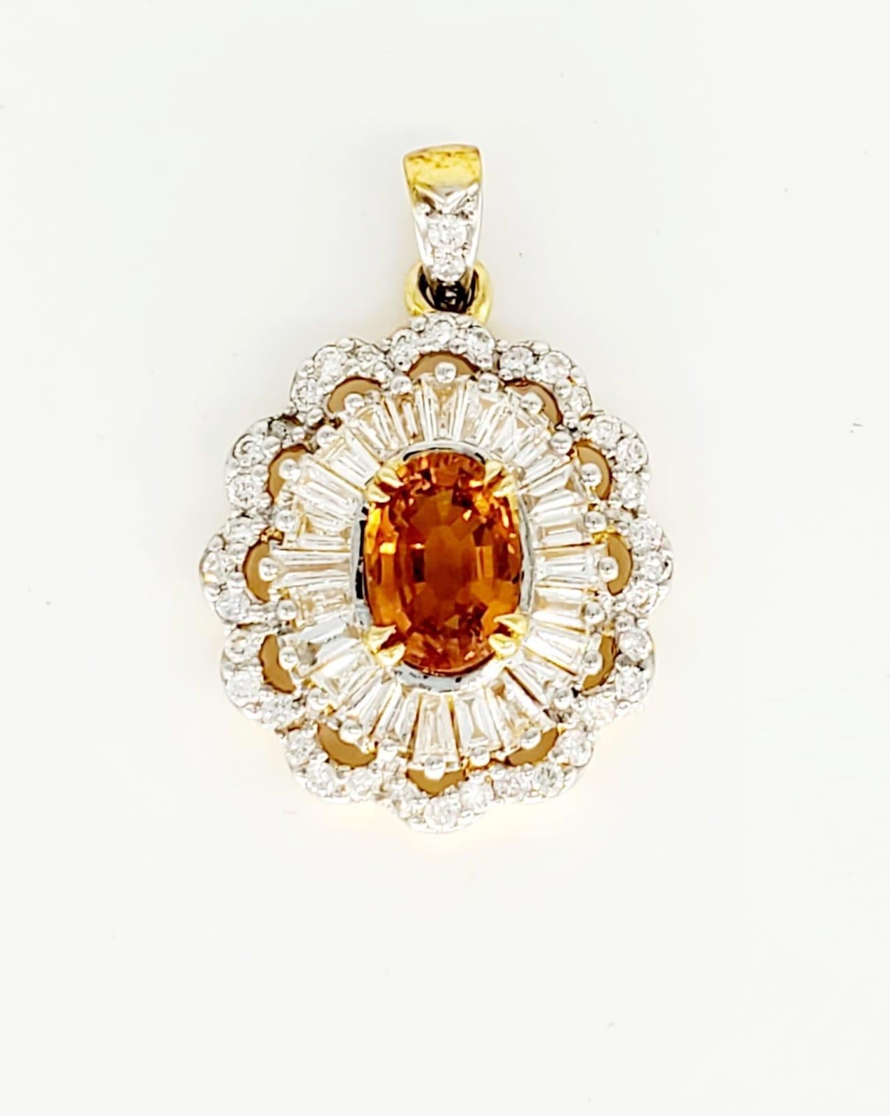 Vintage 5.41 Carat Certified Natural Sapphire and Diamonds Cluster Pendant 18k. The pendant measures 30mm X 18mm and features a total of approx 3.85 carat of diamonds. The tapered baguette surrounding the natural yellow sapphire are invisible set