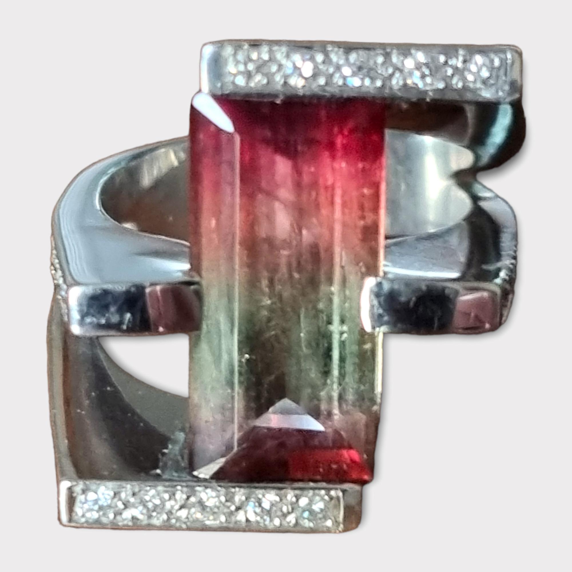 Emerald Cut Vintage 5.45 Carat Watermelon Tourmaline and Diamond 18K White Gold Ring For Sale