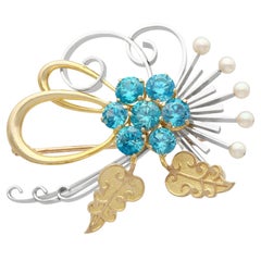 Vintage 5.47ct Zircon and Pearl Yellow and White Gold Spray Brooch, circa 1950