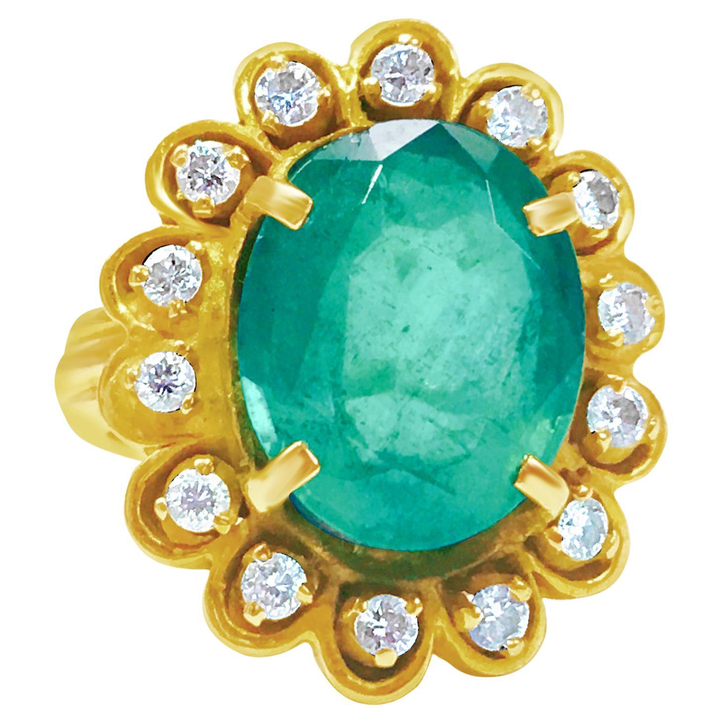 Bague Cocktail Or Jaune 18k émeraude Marquise Diamants - Taille 64 - Vintage Occasion