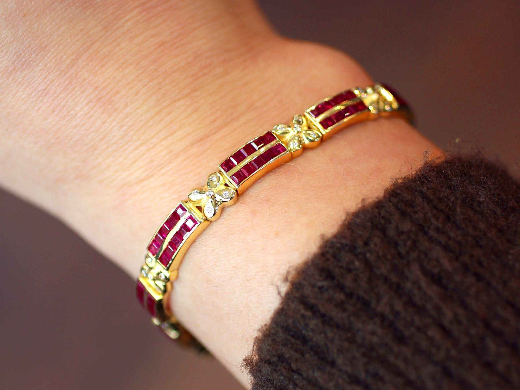 Square Cut Vintage 5.50 Carat Ruby 0.45 Carat Diamond 14k Yellow Gold Bracelet Circa 1990 For Sale