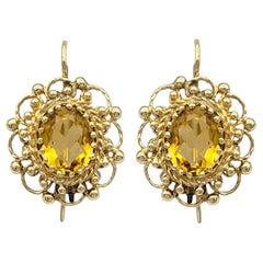 Vintage 5.50 Carat Total Oval Cut Topaz 14 Karat Yellow Gold Filigree Earrings