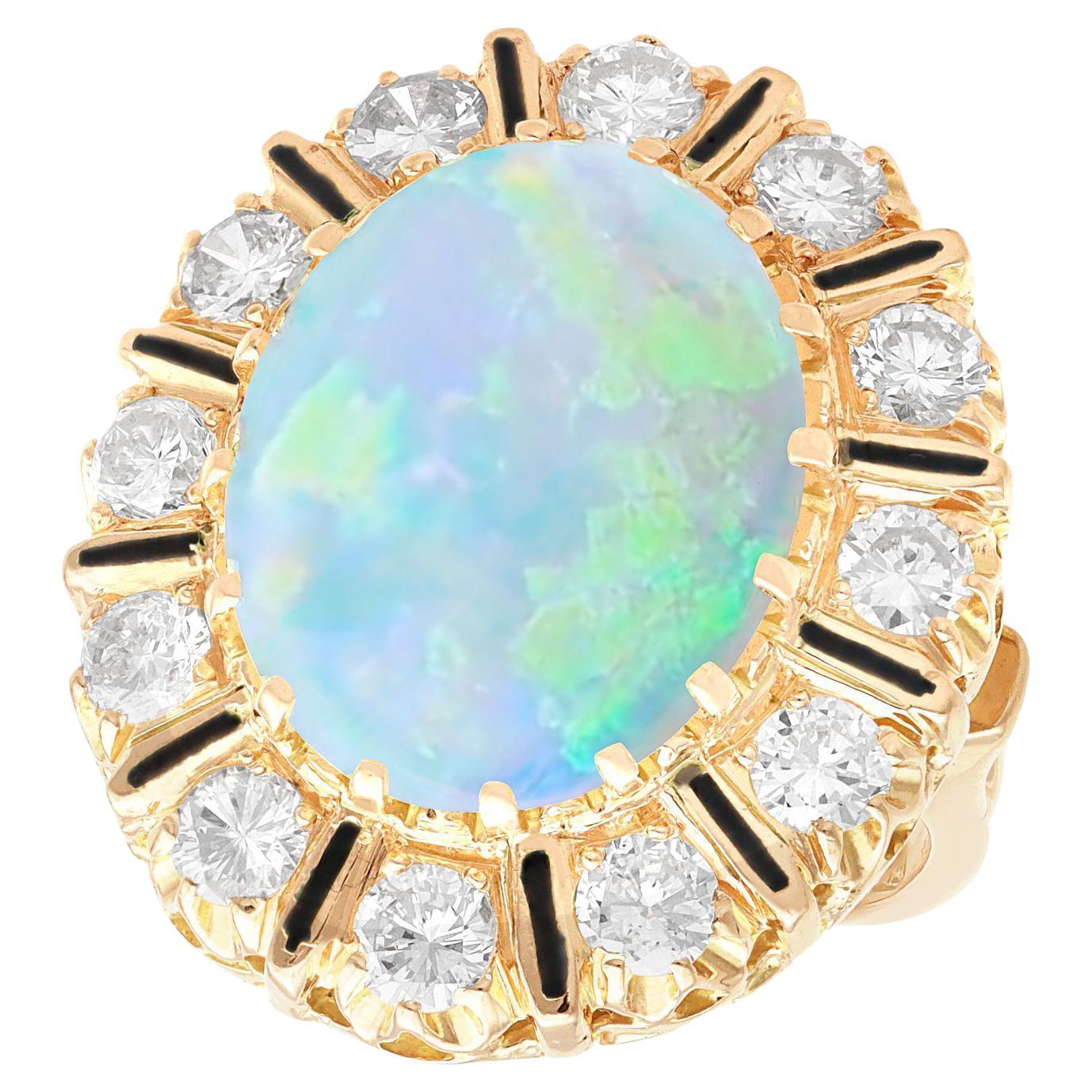 Vintage 5.50ct Opal and 1.92ct Diamond Yellow Gold Cocktail Ring, circa 1950 For Sale