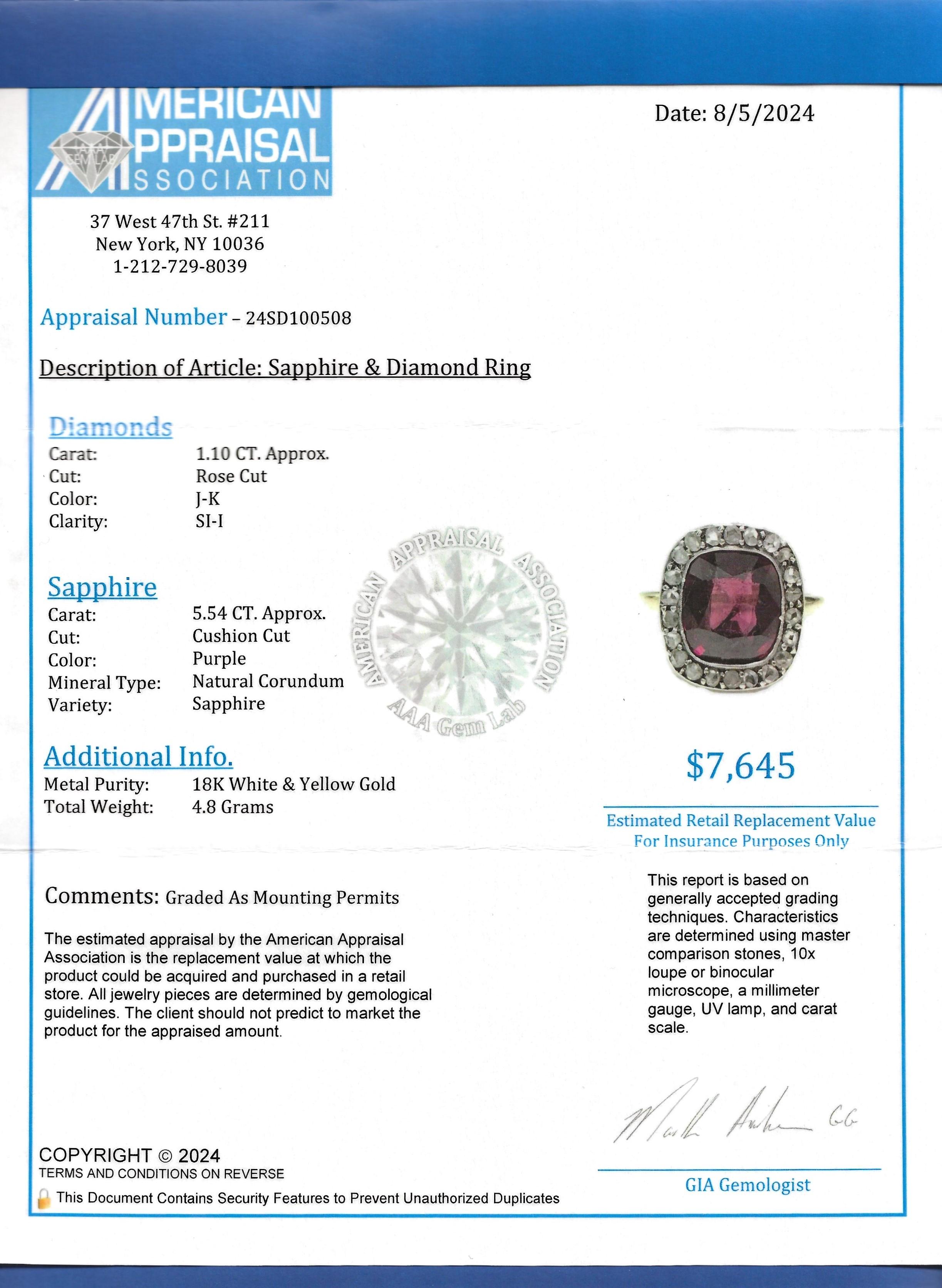 Vintage 5.54 Carat Purple Cushion Cut Sapphire with Diamond Halo 18 Karat Gold For Sale 4