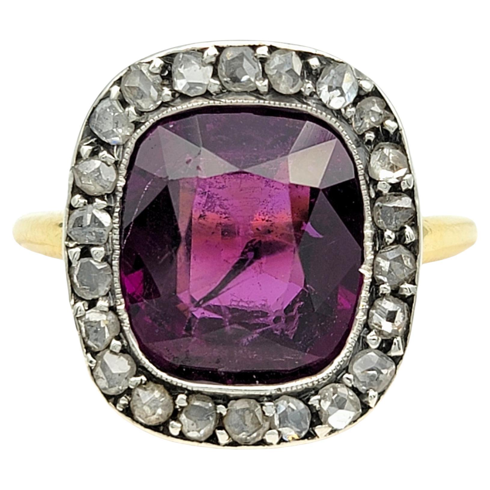Vintage 5.54 Carat Purple Cushion Cut Sapphire with Diamond Halo 18 Karat Gold For Sale