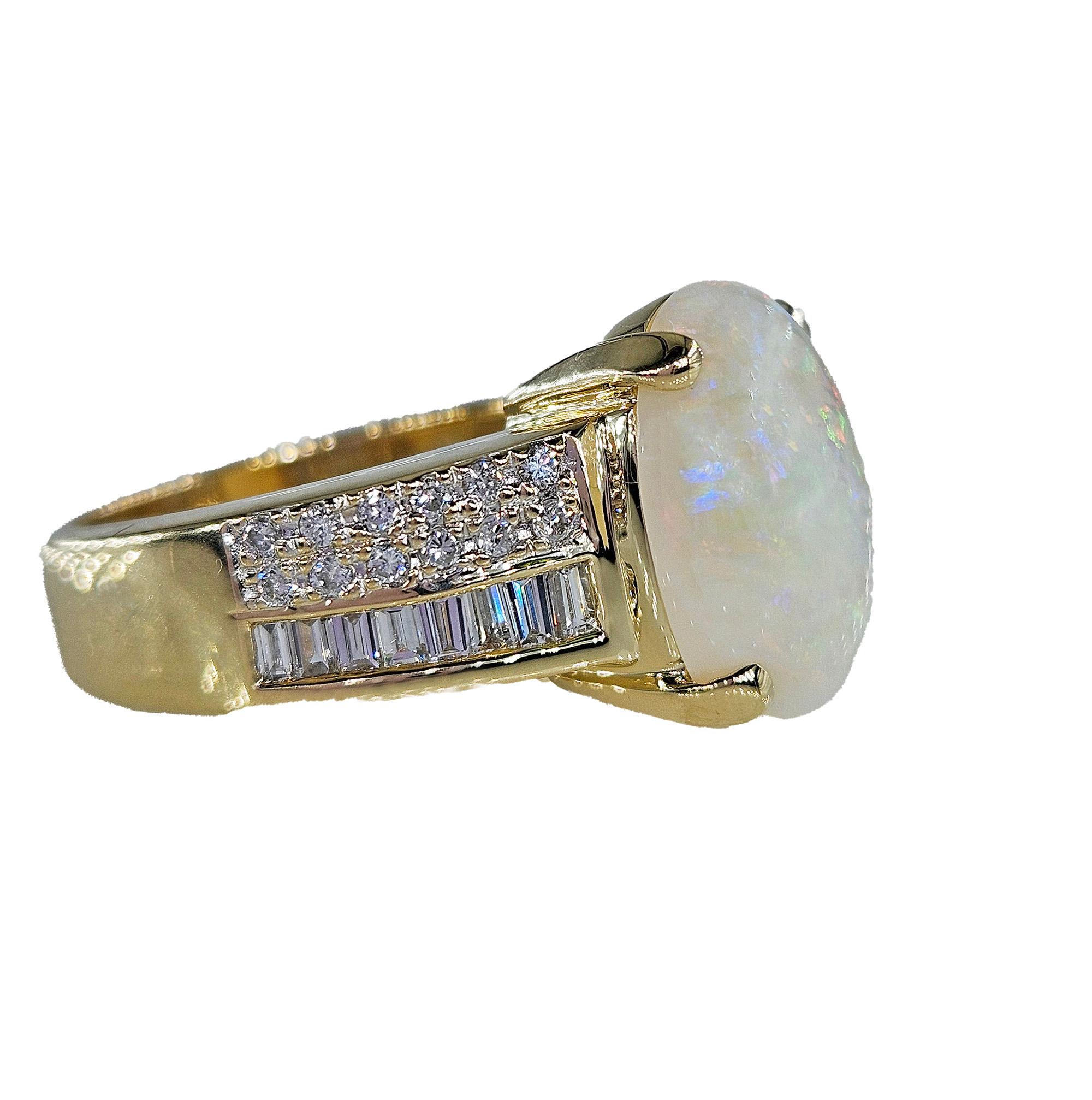 Oval Cut Vintage 5.54ctw Australian OPAL & Round Baguette Diamond 14k Yellow Gold Ring For Sale