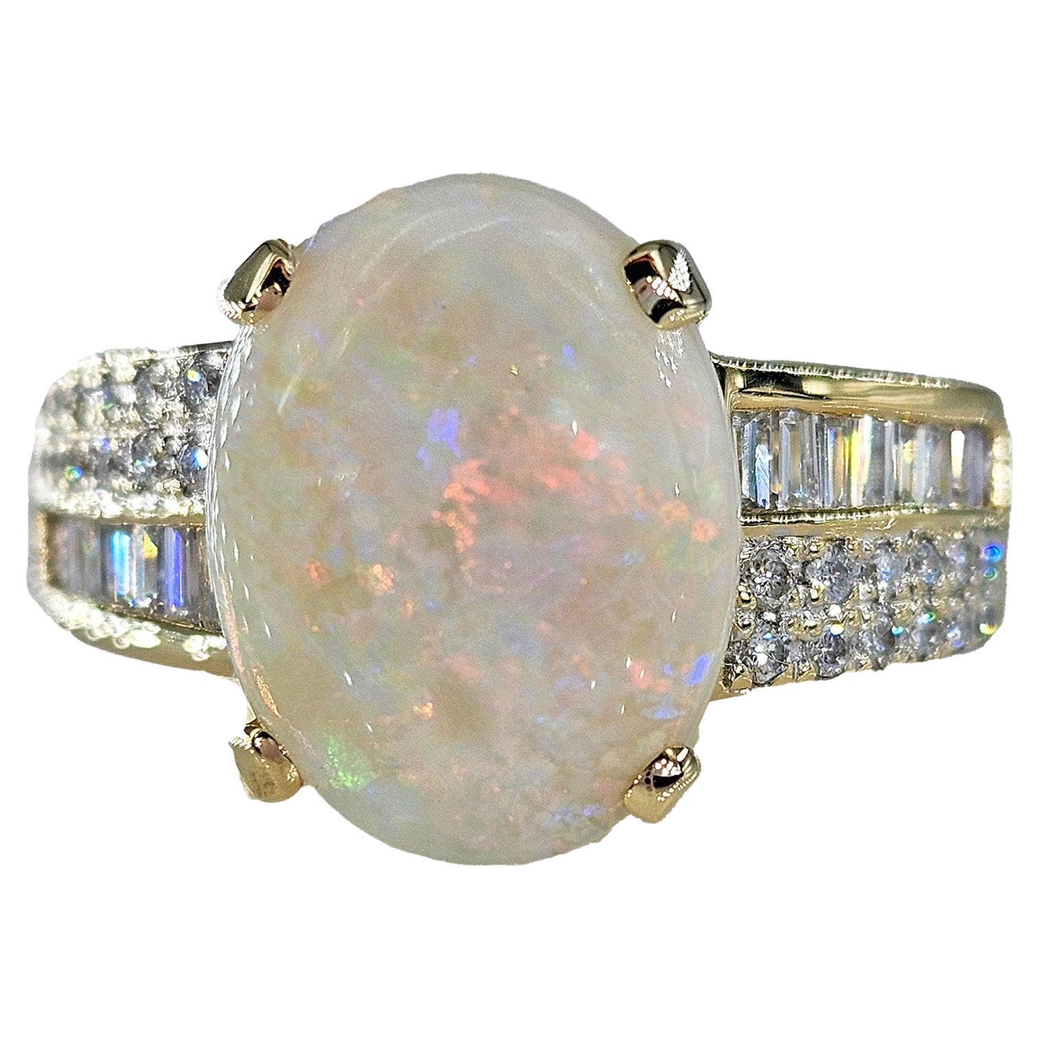 Vintage 5.54ctw Australian OPAL & Round Baguette Diamond 14k Yellow Gold Ring