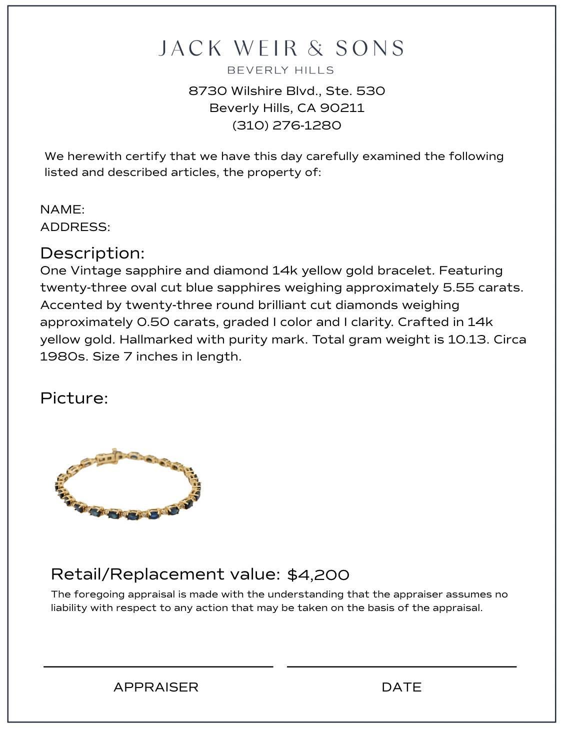 Vintage 5.55 carat total weight sapphire diamond 14k yellow gold bracelet Bon état - En vente à Beverly Hills, CA