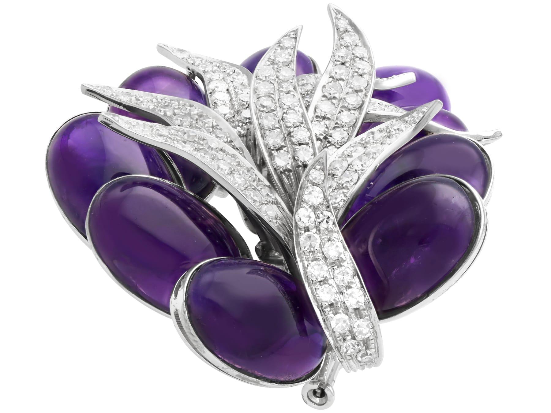 Cabochon Vintage 55Ct Amethyst and 3.02Ct Diamond 18k White Gold Brooch Circa 1950 For Sale