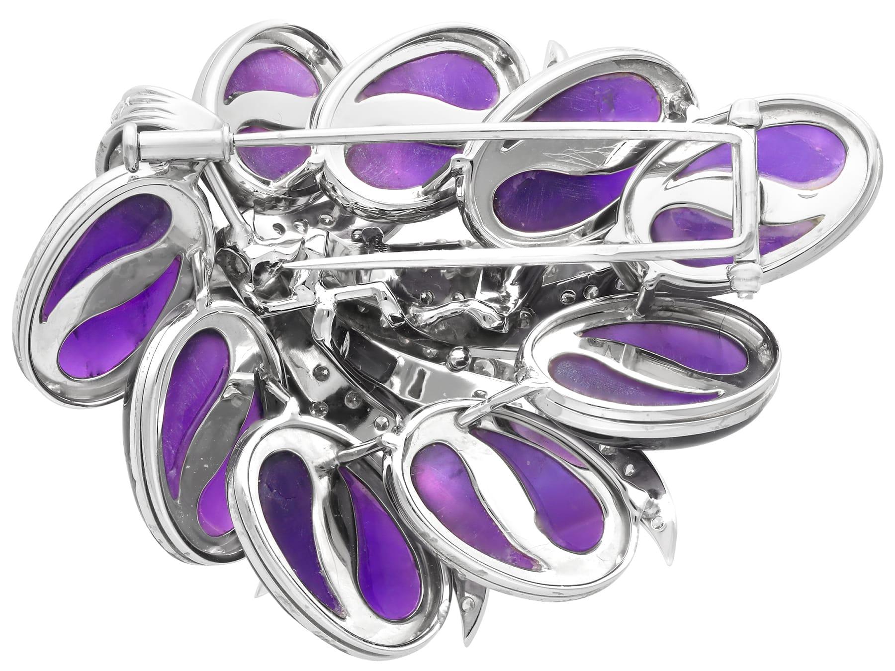 Women's or Men's Vintage 55Ct Amethyst and 3.02Ct Diamond 18k White Gold Brooch Circa 1950 For Sale