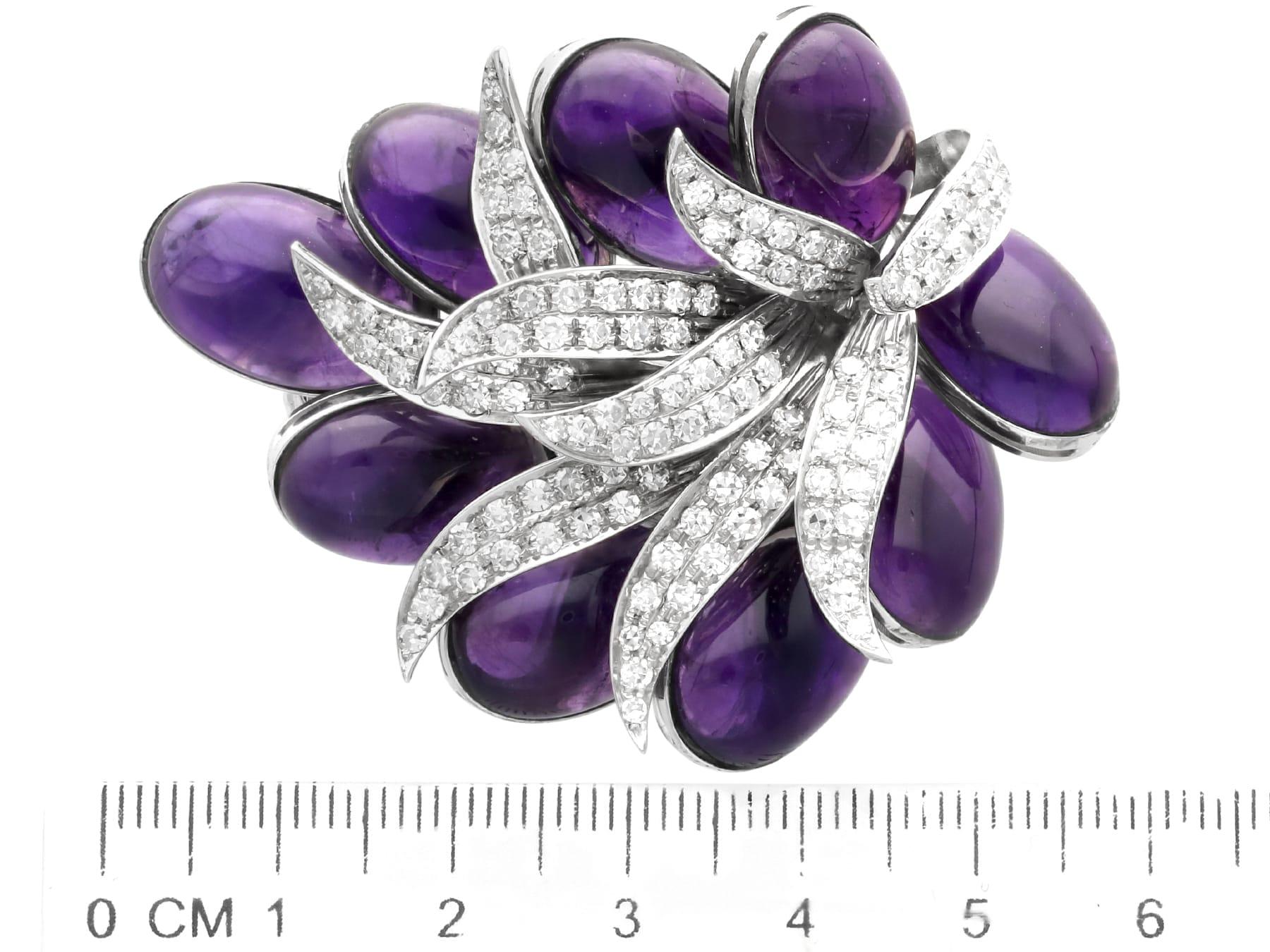 Vintage 55Ct Amethyst and 3.02Ct Diamond 18k White Gold Brooch Circa 1950 For Sale 2