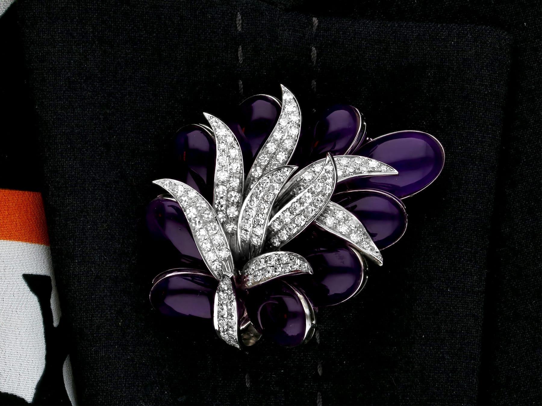 Vintage 55Ct Amethyst and 3.02Ct Diamond 18k White Gold Brooch Circa 1950 For Sale 4