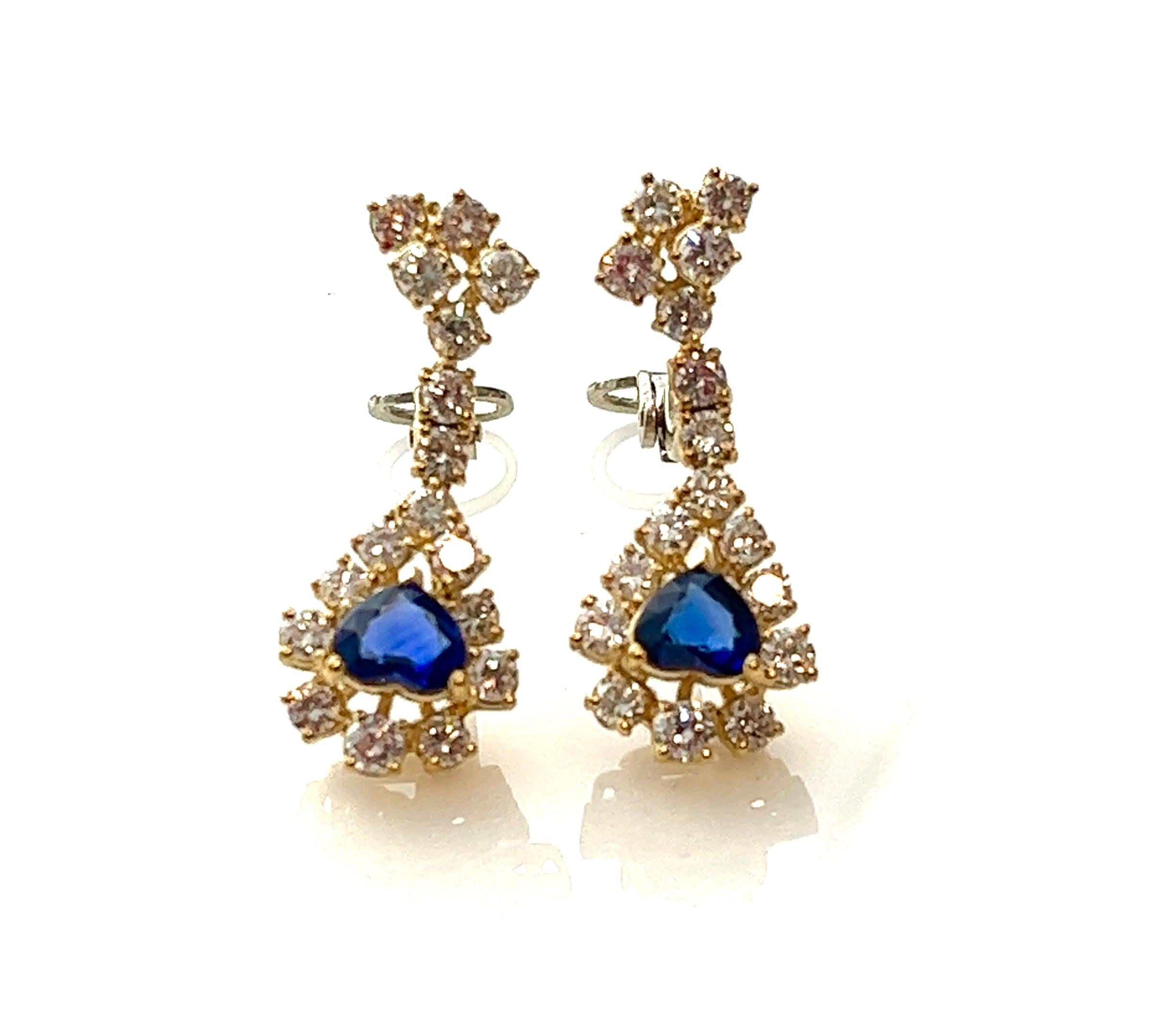 Heart Cut Vintage 5.60 carat Sapphire Diamond Dangle Earrings, 18K  For Sale