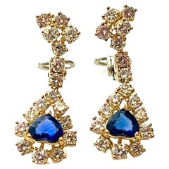 Boucles d'oreilles pendantes vintage saphir diamant de 5.60 carats, 18K 