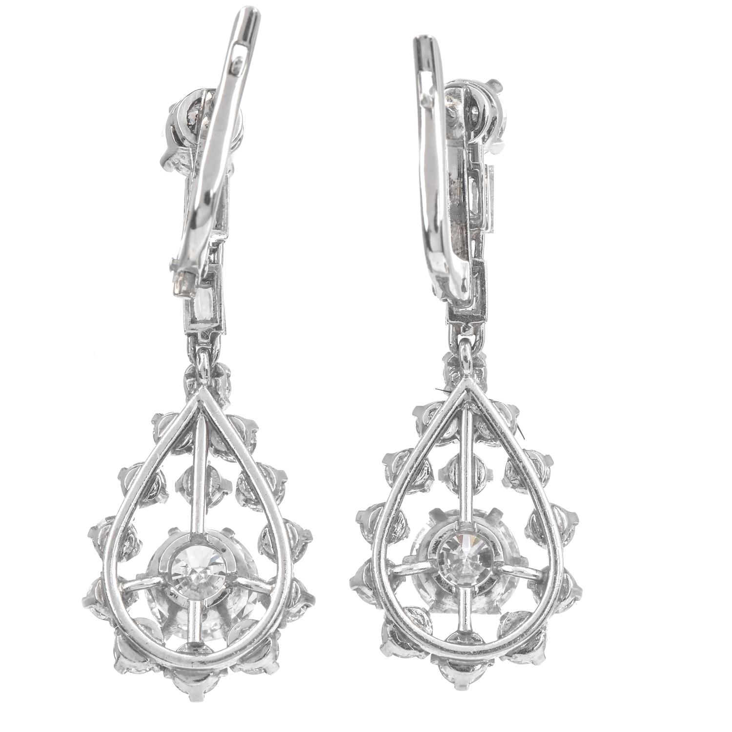Women's GIA Vintage 5.60 carats Diamond Platinum Teardrop Dangle Earrings For Sale